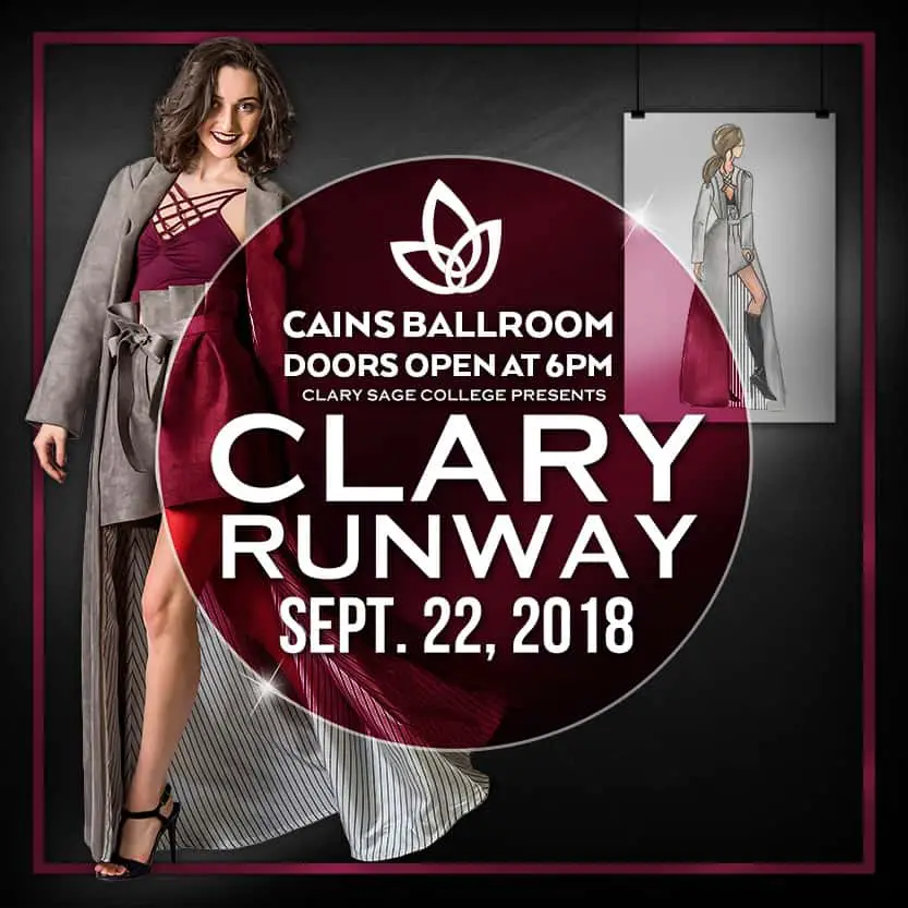 Clary Runway Show Poster hosted by the Cain's Ballroom featuring a model and sharp design sketch