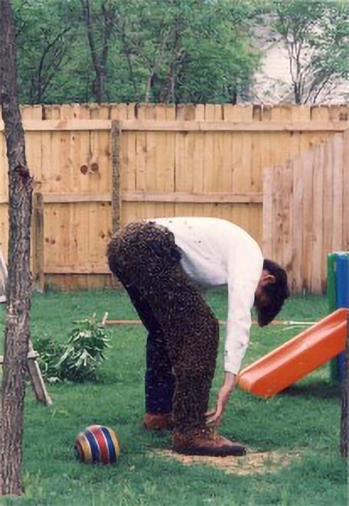 A swarm of bees surround a man that is bending over